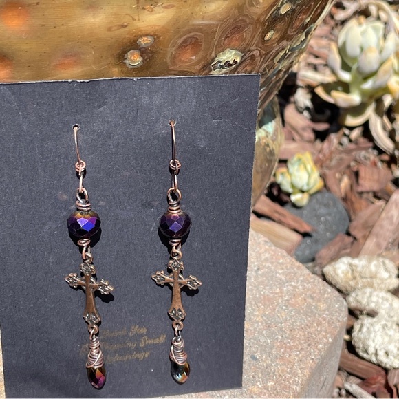 Elegant Purple Cross Dangle Earrings - Picture 10 of 12